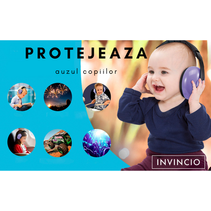 Casti antifonice pentru copii si bebelusi 3-36 luni Invincio Baby Comfort, marime reglabila, ergonomice, captusite, confortabile, usoare, pentru protectia auzului, reducere zgomot 20 dB, mov