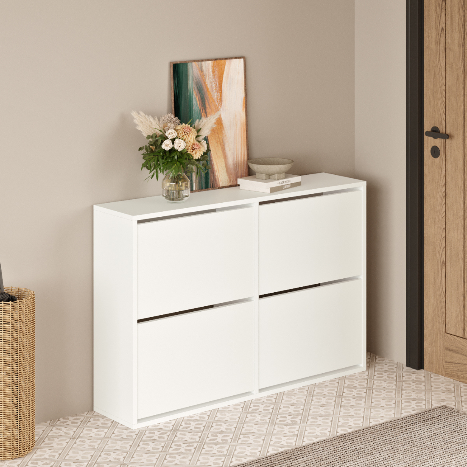 Pantofar cu 4 compartimente, capacitate pana la 16 perechi pantofi, mobilier hol, design slim, organizator pantofi, dimensiuni 117,5 x 27 x 79 cm, structura rezistenta, aspect modern, alb