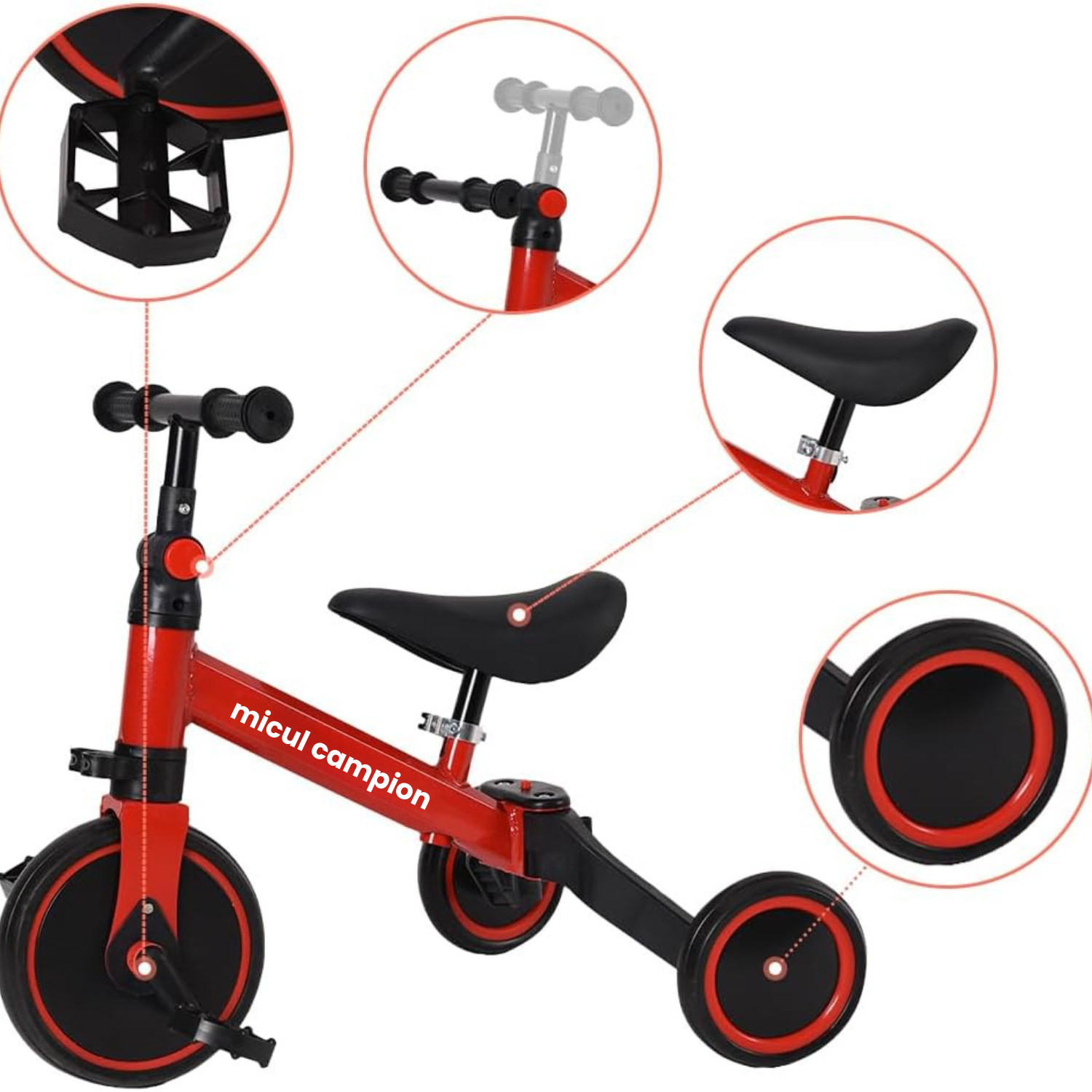 Invincio Micul Campion EasyRide 2–5 ani – Tricicleta 4-in-1 cu maner parental, rosu