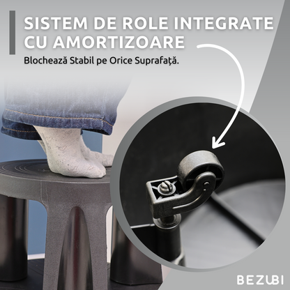 Taburet inaltator Bezubi Practic, tip scaun mobil cu role autoblocante, tip scara cu 2 trepte, ergonomic, versatil, stabil, sigur si confortabil, anti-alunecare, negru