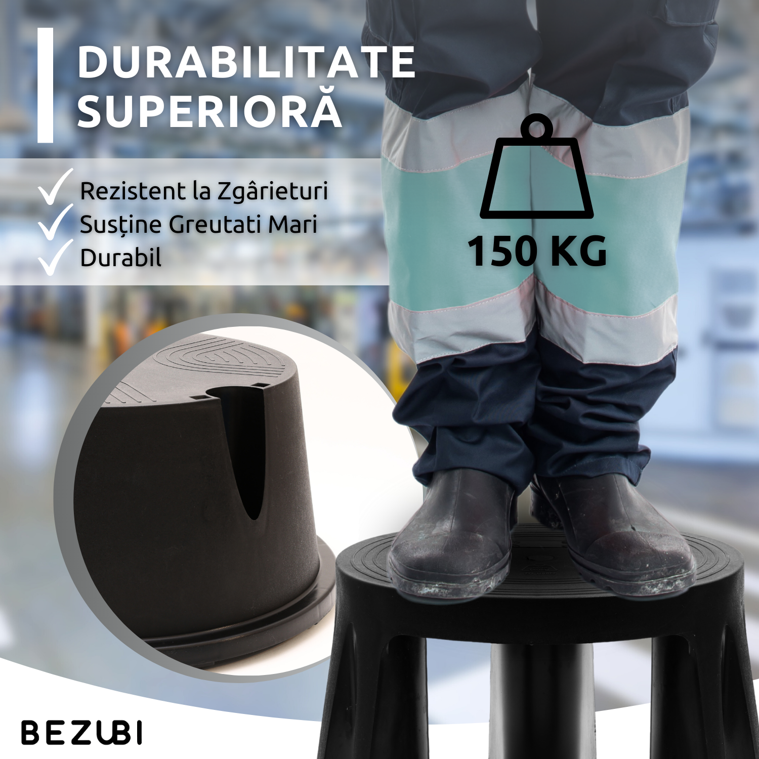 Taburet inaltator Bezubi Practic, tip scaun mobil cu role autoblocante, tip scara cu 2 trepte, ergonomic, versatil, stabil, sigur si confortabil, anti-alunecare, negru