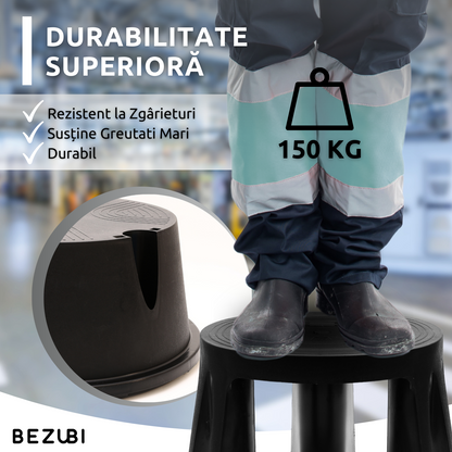 Taburet inaltator Bezubi Practic, tip scaun mobil cu role autoblocante, tip scara cu 2 trepte, ergonomic, versatil, stabil, sigur si confortabil, anti-alunecare, negru