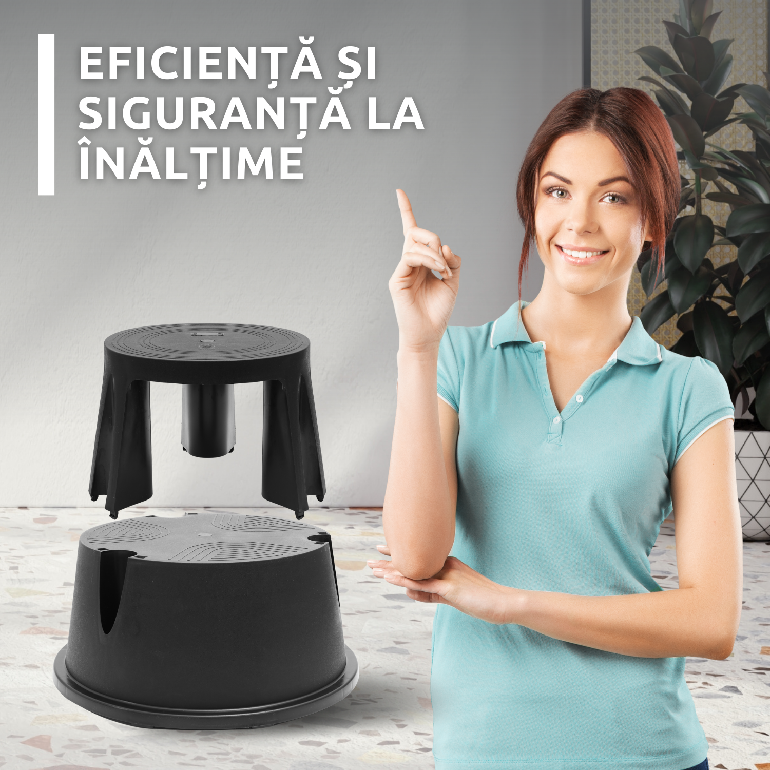 Taburet inaltator Bezubi Practic, tip scaun mobil cu role autoblocante, tip scara cu 2 trepte, ergonomic, versatil, stabil, sigur si confortabil, anti-alunecare, negru