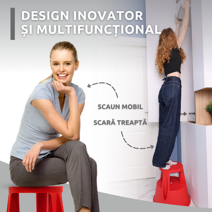 Taburet inaltator Bezubi Practic, tip scaun mobil cu role autoblocante, tip scara cu 2 trepte, ergonomic, versatil, stabil, sigur si confortabil, anti-alunecare, rosu