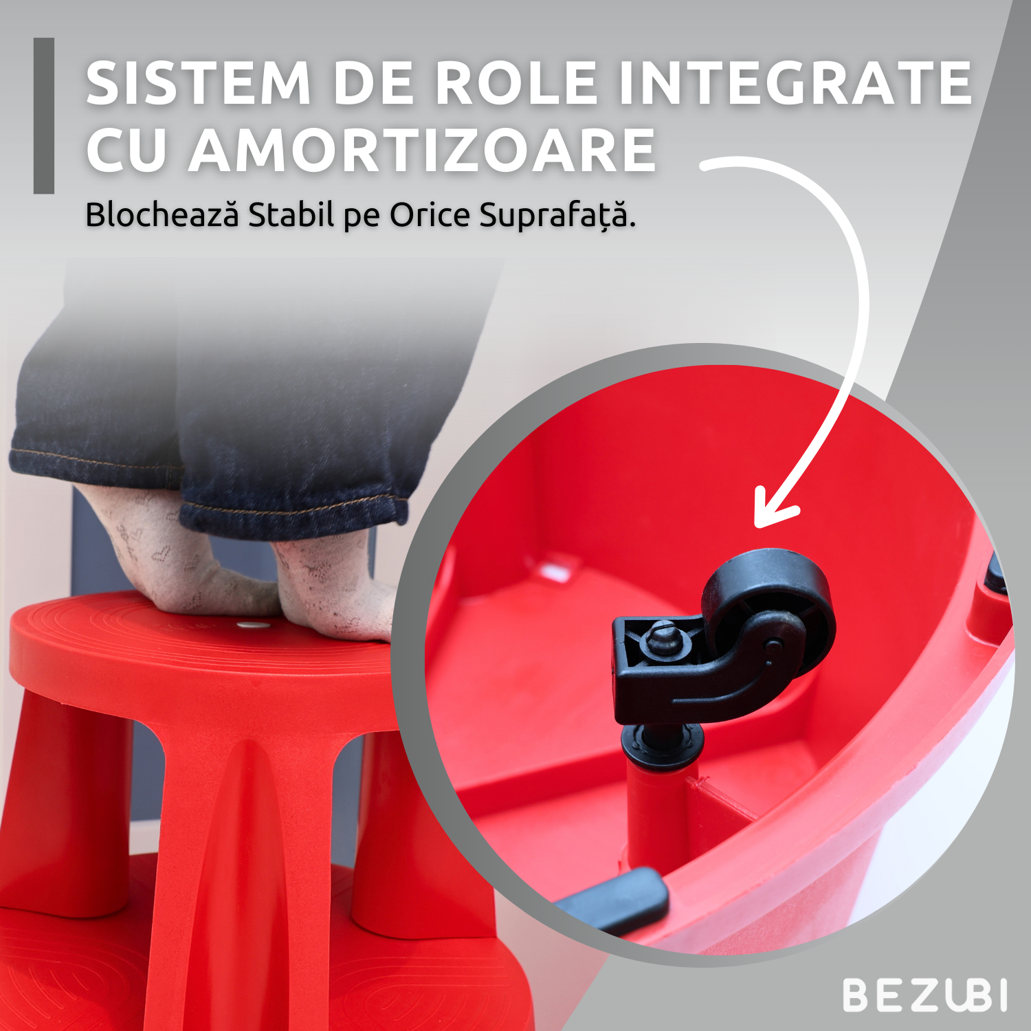 Taburet inaltator Bezubi Practic, tip scaun mobil cu role autoblocante, tip scara cu 2 trepte, ergonomic, versatil, stabil, sigur si confortabil, anti-alunecare, rosu