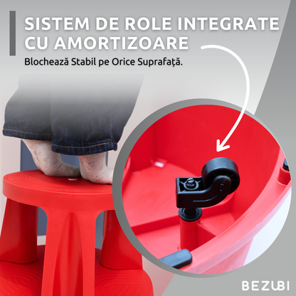Taburet inaltator Bezubi Practic, tip scaun mobil cu role autoblocante, tip scara cu 2 trepte, ergonomic, versatil, stabil, sigur si confortabil, anti-alunecare, rosu