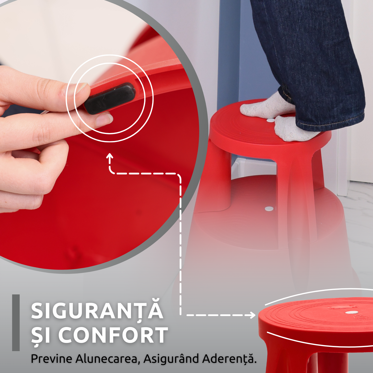 Taburet inaltator Bezubi Practic, tip scaun mobil cu role autoblocante, tip scara cu 2 trepte, ergonomic, versatil, stabil, sigur si confortabil, anti-alunecare, rosu