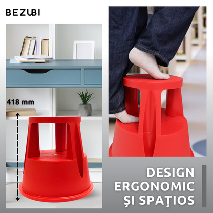 Taburet inaltator Bezubi Practic, tip scaun mobil cu role autoblocante, tip scara cu 2 trepte, ergonomic, versatil, stabil, sigur si confortabil, anti-alunecare, rosu