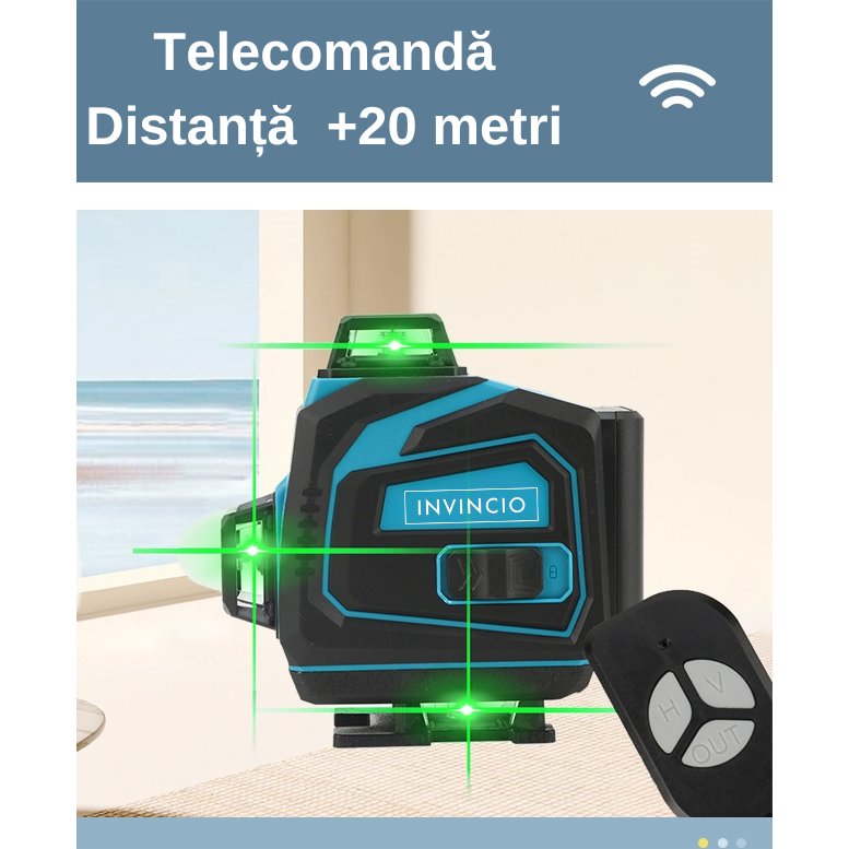 Nivela cu laser verde, 12 linii, orizontal, vertical, perimetral, prindere magnetica, uz interior si exterior, auto-nivelare, rotire 360 grade, Telecomanda, 2 acumulatori de schimb