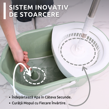 Set de curatenie complet Bezubi Flora, galeata cu centrifuga si mop rotund rotativ, usor de folosit, rotire 360 grade, sistem stoarcere fara atingere si aplecare, absorbtie ridicata, maner telescopic versatil, 16 Litri, verde