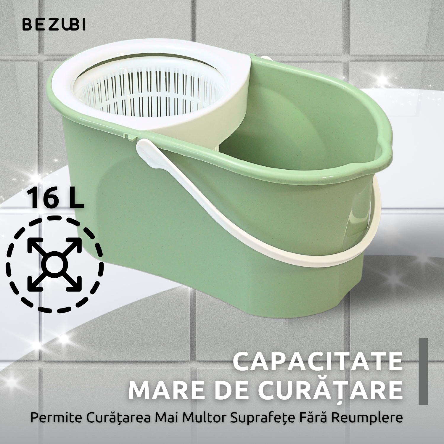 Set de curatenie complet Bezubi Flora, galeata cu centrifuga si mop rotund rotativ, usor de folosit, rotire 360 grade, sistem stoarcere fara atingere si aplecare, absorbtie ridicata, maner telescopic versatil, 16 Litri, verde