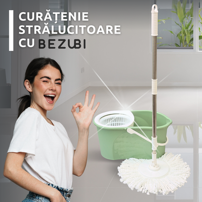 Set de curatenie complet Bezubi Flora, galeata cu centrifuga si mop rotund rotativ, usor de folosit, rotire 360 grade, sistem stoarcere fara atingere si aplecare, absorbtie ridicata, maner telescopic versatil, 16 Litri, verde