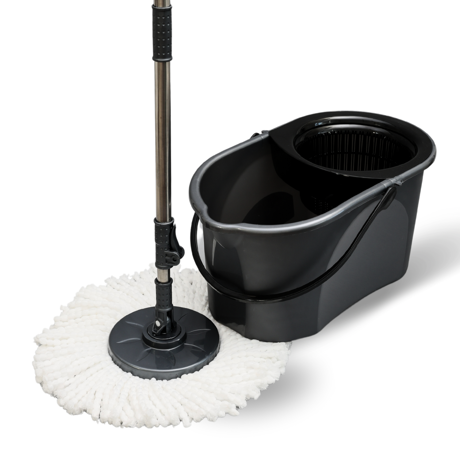 Set de curatenie complet Bezubi Flora, galeata cu centrifuga si mop rotund rotativ, usor de folosit, rotire 360 grade, sistem stoarcere fara atingere si aplecare, absorbtie ridicata, maner telescopic versatil, 16 Litri, gri