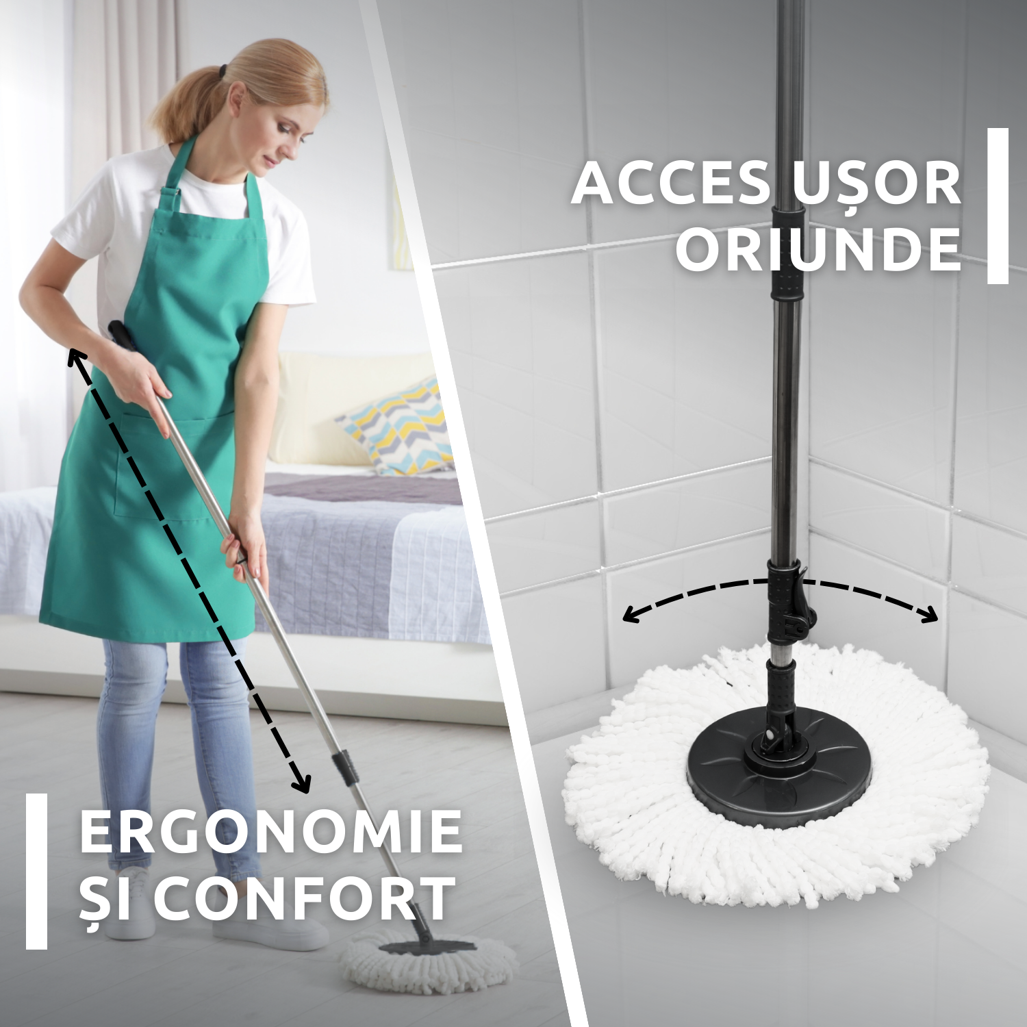 Set de curatenie complet Bezubi Flora, galeata cu centrifuga si mop rotund rotativ, usor de folosit, rotire 360 grade, sistem stoarcere fara atingere si aplecare, absorbtie ridicata, maner telescopic versatil, 16 Litri, gri