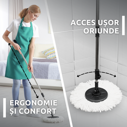 Set de curatenie complet Bezubi Flora, galeata cu centrifuga si mop rotund rotativ, usor de folosit, rotire 360 grade, sistem stoarcere fara atingere si aplecare, absorbtie ridicata, maner telescopic versatil, 16 Litri, gri