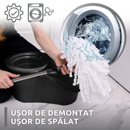 Set de curatenie complet Bezubi Flora, galeata cu centrifuga si mop rotund rotativ, usor de folosit, rotire 360 grade, sistem stoarcere fara atingere si aplecare, absorbtie ridicata, maner telescopic versatil, 16 Litri, gri