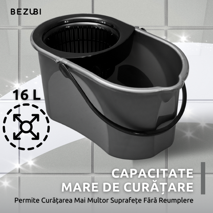 Set de curatenie complet Bezubi Flora, galeata cu centrifuga si mop rotund rotativ, usor de folosit, rotire 360 grade, sistem stoarcere fara atingere si aplecare, absorbtie ridicata, maner telescopic versatil, 16 Litri, gri