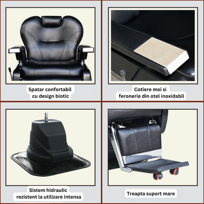 Scaun profesional pentru frizierie Invincio ProBarber 2, versatil, materiale premium, structura otel cromat, disc galvanizat, piston hidraulic, rotire la 360 de grade, spatar rabatabil, inaltime reglabila, piele ecologica, negru mat
