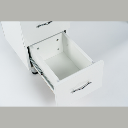 Masa profesionala pentru manichiura INVINCIO™ STYLE PRO cu aspirator integrat, reglaj pe inaltime, 2 dulapuri, 3 sertare, 3 rafturi, suprafata lavabila, dimensiuni 120x45x76 cm, alb