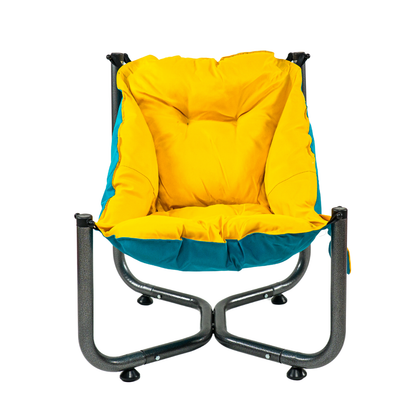 Scaun de plaja, gradina, pescuit si camping, Bezubi Campster, sezlong design ergonomic si demontabil, perna matlasata confortabila cu doua fete, buzunar lateral, material rezistent la umezeala, lavabil, galben-turcoaz