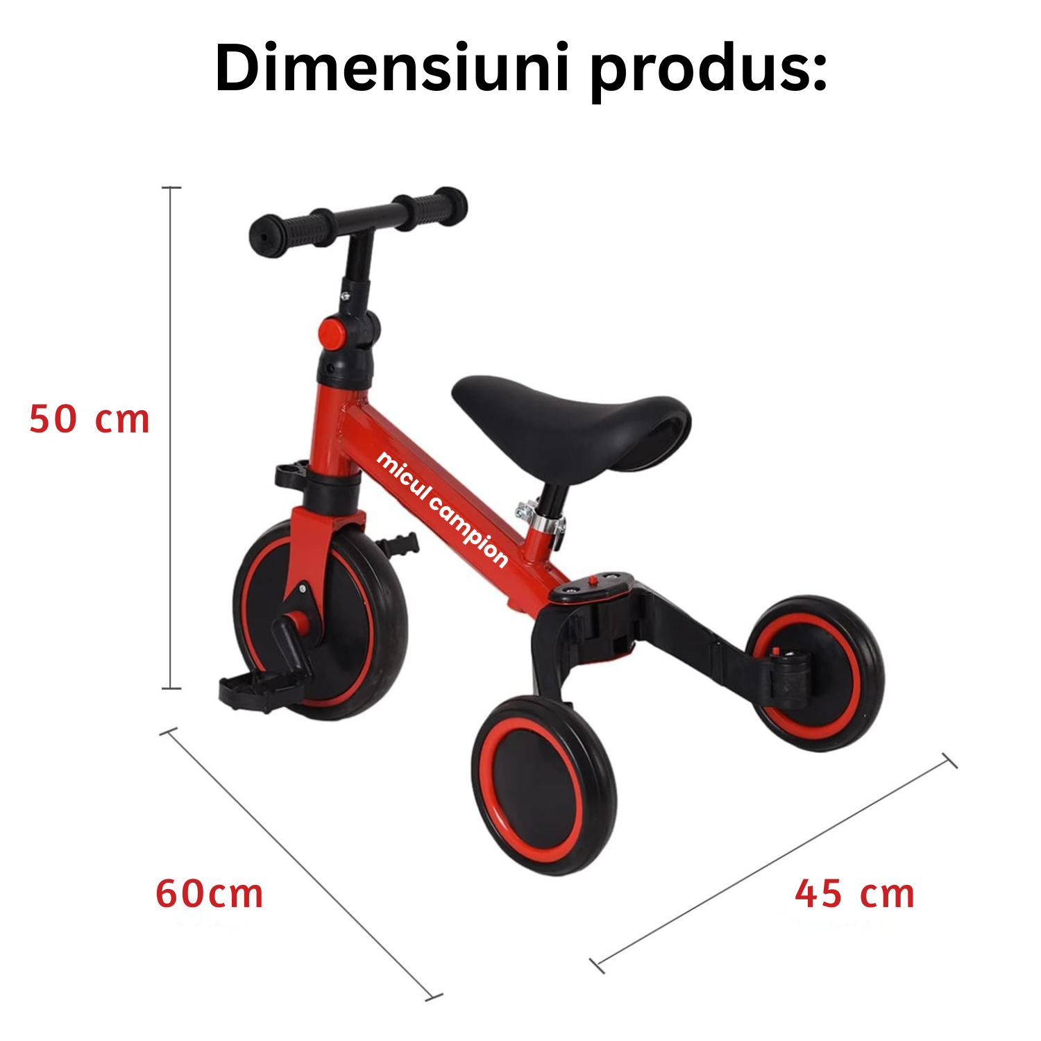 Invincio Micul Campion EasyRide 2–5 ani – Tricicleta 4-in-1 cu maner parental, rosu