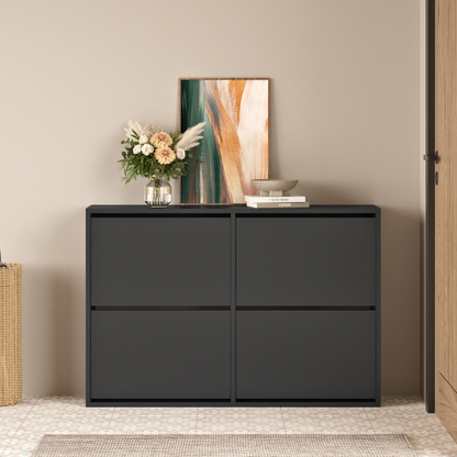 Pantofar cu 4 compartimente, capacitate pana la 16 perechi pantofi, mobilier hol, design slim, organizator pantofi, dimensiuni 117, 5 x 27 x 79 cm, structura rezistenta, aspect modern, gri