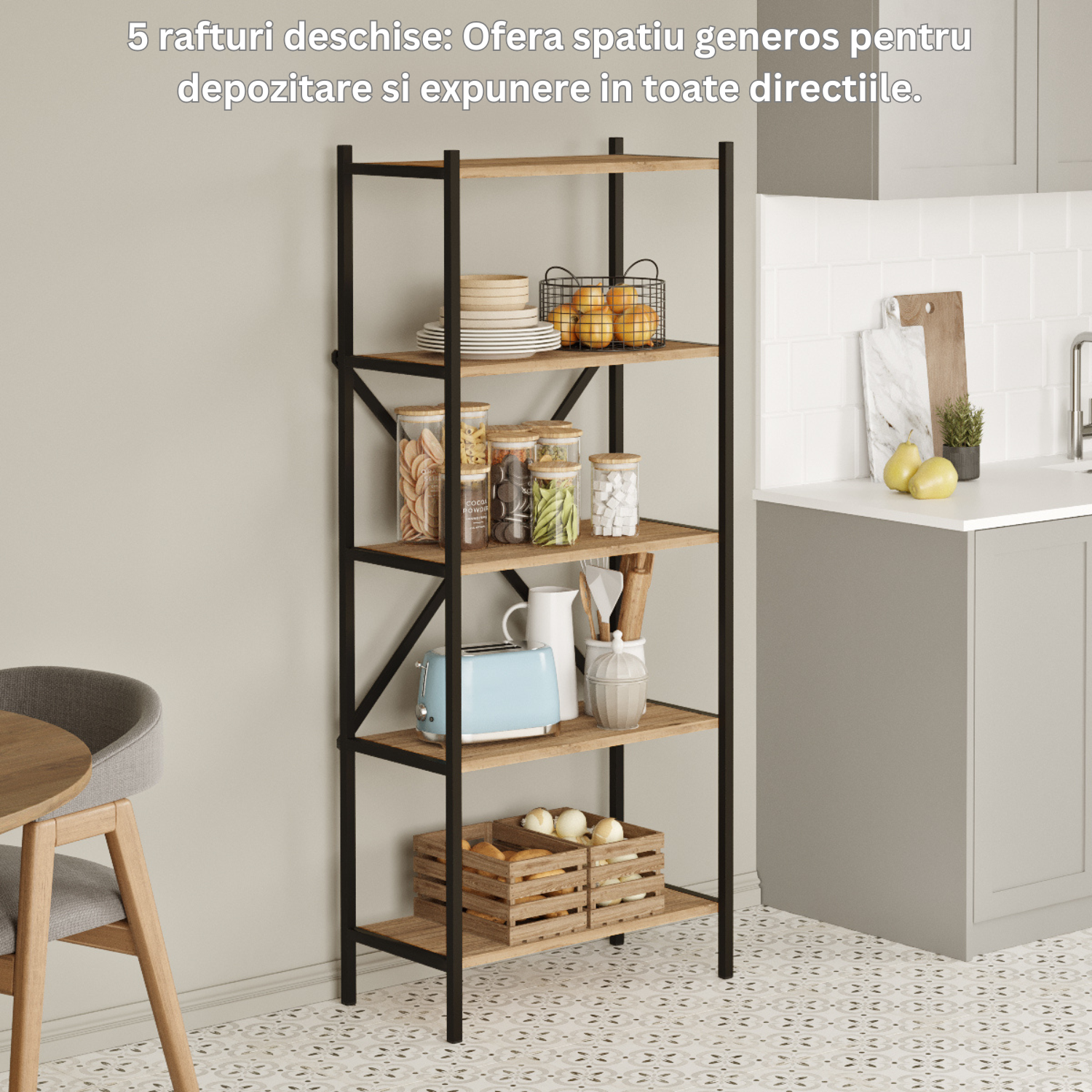 Etajera Multifunctionala, Biblioteca Bezubi cu 4 rafturi deschise, design modern, cadru metalic robust si rafturi din lemn, stabilitate marita, tija in foma de X, ideala pentru carti, plante, decoratiuni, living, birou sau dormitor, maro