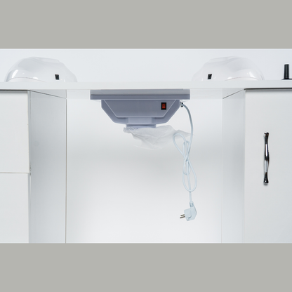 Masa profesionala pentru manichiura INVINCIO™ STYLE PRO cu aspirator integrat, reglaj pe inaltime, 2 dulapuri, 3 sertare, 3 rafturi, suprafata lavabila, dimensiuni 120x45x76 cm, alb