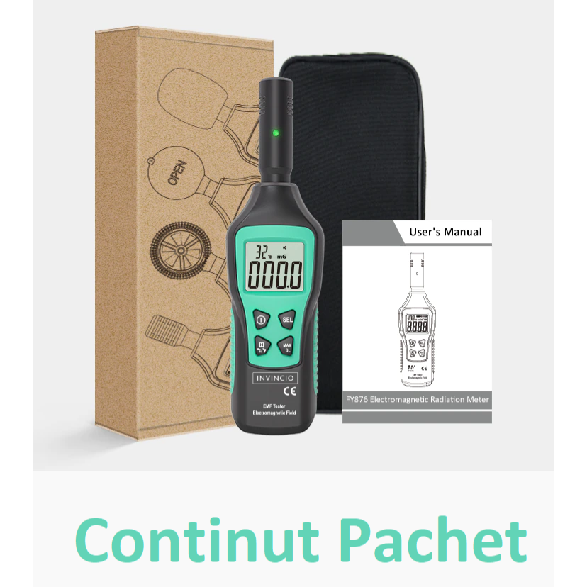 Detector radiatii electro-magnetice Invincio, detectie mG/µT/(V/M), display LCD iluminat, masoara si temperatura ℃/℉, functie memorare valoare maxima, lanterna, culoare verde