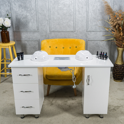 Masa profesionala pentru manichiura INVINCIO™ STYLE PRO cu aspirator integrat, reglaj pe inaltime, 2 dulapuri, 3 sertare, 3 rafturi, suprafata lavabila, dimensiuni 120x45x76 cm, alb