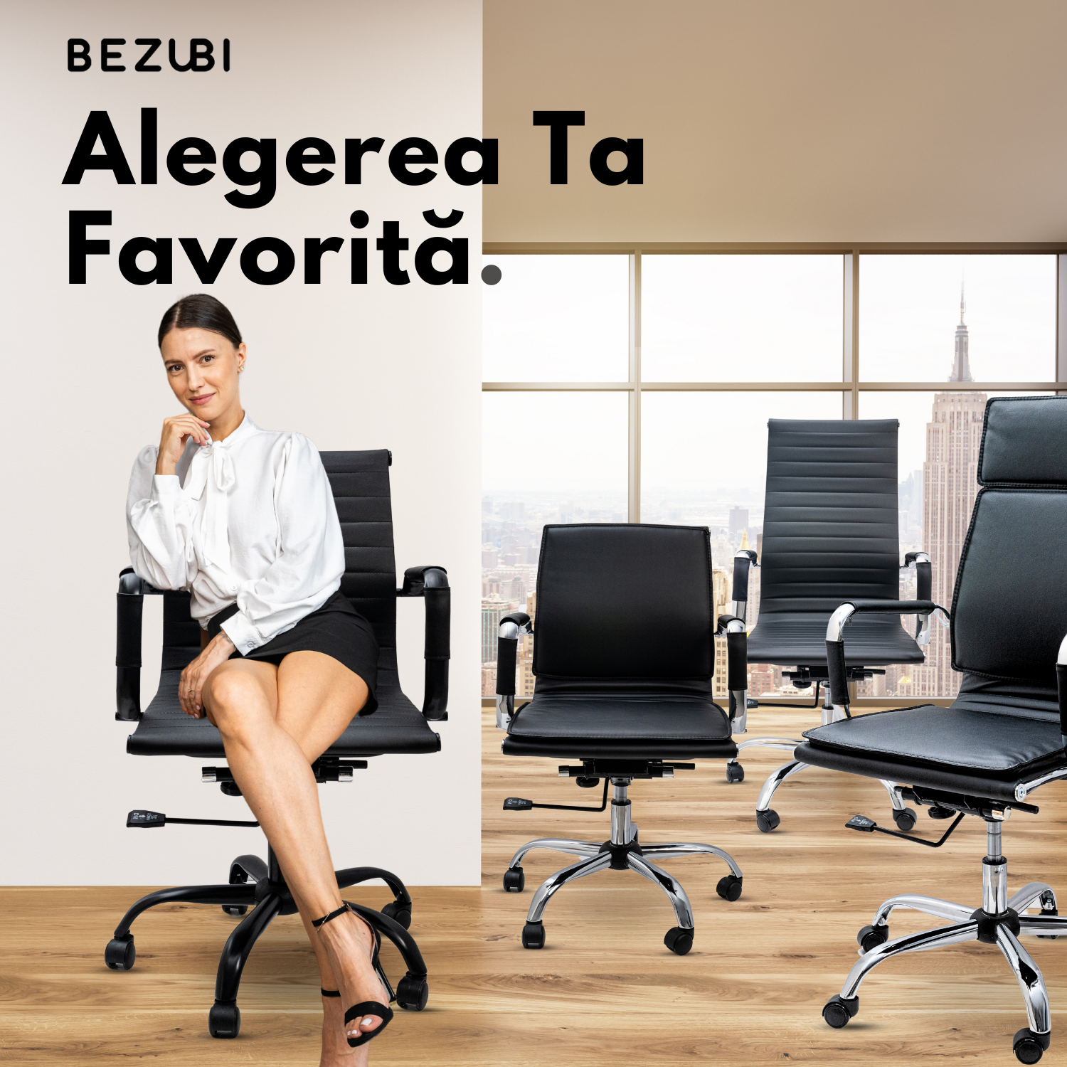 Scaun de birou Bezubi Executive, confortabil, pivotant, ergonomic cu spatar inalt, reglabil pe inaltime si inclinare, tapitat piele ecologica premium, suport pentru brate, cadru cromat, roti silentioase, negru