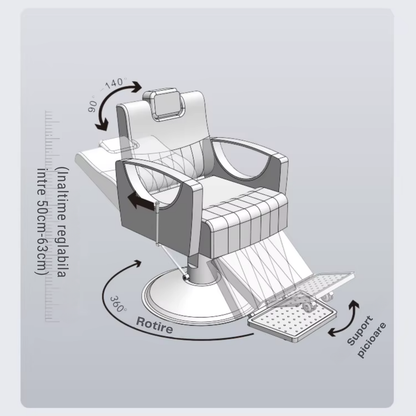 Scaun frizerie coafor barber profesional Invincio Elitte, design ergonomic, pompa hidraulica reglabila, spatar rabatabil, tetiera ajustabila, suport picioare cromat, rotire 360°, piele ecologica, negru