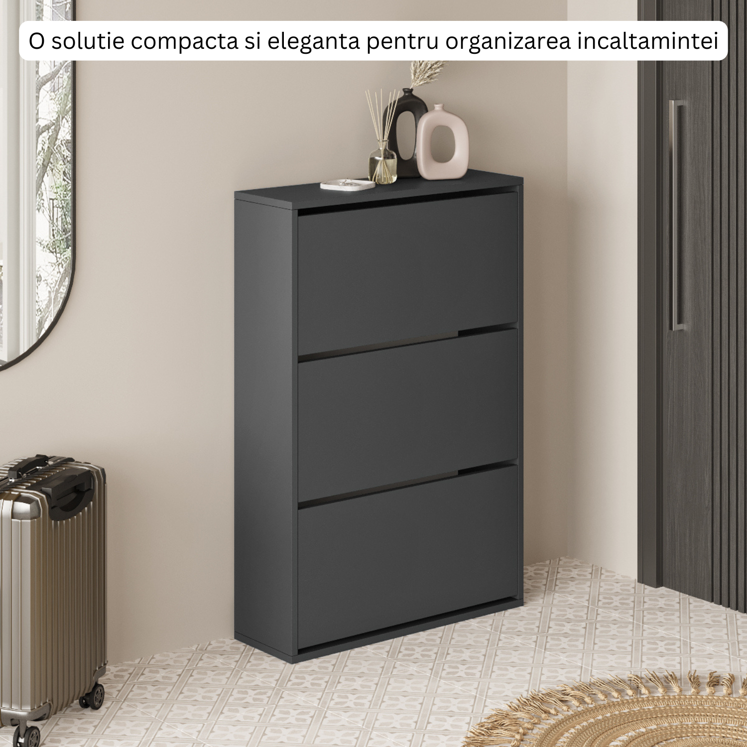 Pantofar Slim pentru Incaltaminte, Bezubi Bilbao, 3 Sertare, capacitate pana la 18 perechi, 110 X 73 X 24 cm, Sistem anti-inclinare, Design Subtire, Economie de Spatiu, pentru Hol, Dormitor sau Living, gri