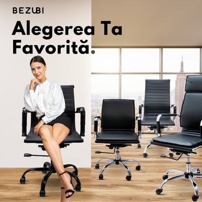Scaun de birou Bezubi Confort, confortabil, pivotant, ergonomic cu spatar reglabil pe inaltime si inclinare, tapitat piele ecologica premium, suport pentru brate, cadru cromat, roti silentioase, negru