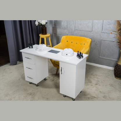 Masa profesionala pentru manichiura INVINCIO™ STYLE PRO cu aspirator integrat, reglaj pe inaltime, 2 dulapuri, 3 sertare, 3 rafturi, suprafata lavabila, dimensiuni 120x45x76 cm, alb