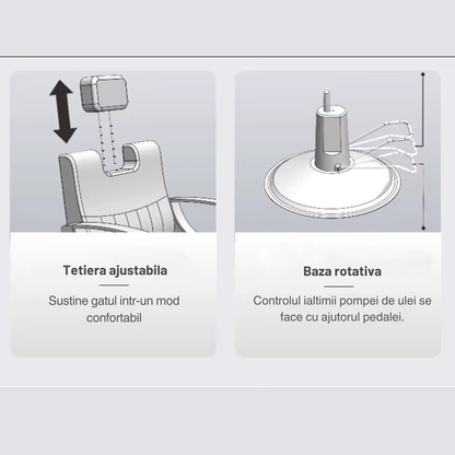 Scaun frizerie coafor barber profesional Invincio Elitte, design ergonomic, pompa hidraulica reglabila, spatar rabatabil, tetiera ajustabila, suport picioare cromat, rotire 360°, piele ecologica, negru