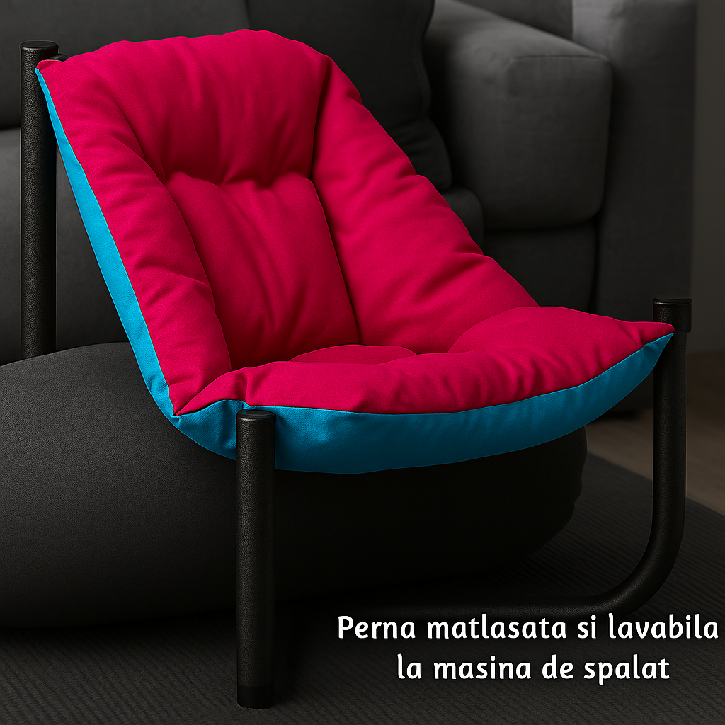 Scaun de plaja, gradina, pescuit si camping, Bezubi Campster, sezlong design ergonomic si demontabil, perna matlasata confortabila cu doua fete, buzunar lateral, material rezistent la umezeala, lavabil, fucsia-albastru