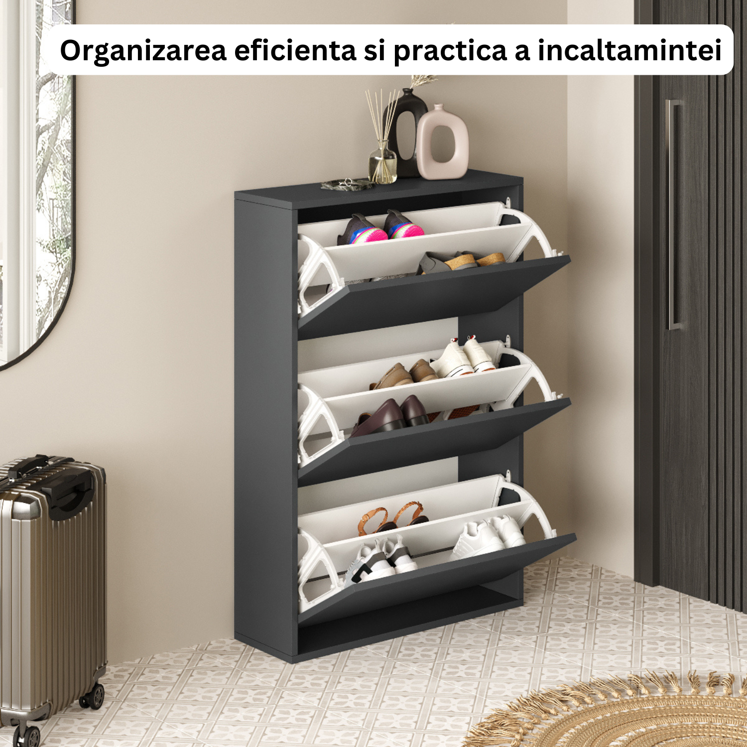 Pantofar Slim pentru Incaltaminte, Bezubi Bilbao, 3 Sertare, capacitate pana la 18 perechi, 110 X 73 X 24 cm, Sistem anti-inclinare, Design Subtire, Economie de Spatiu, pentru Hol, Dormitor sau Living, gri