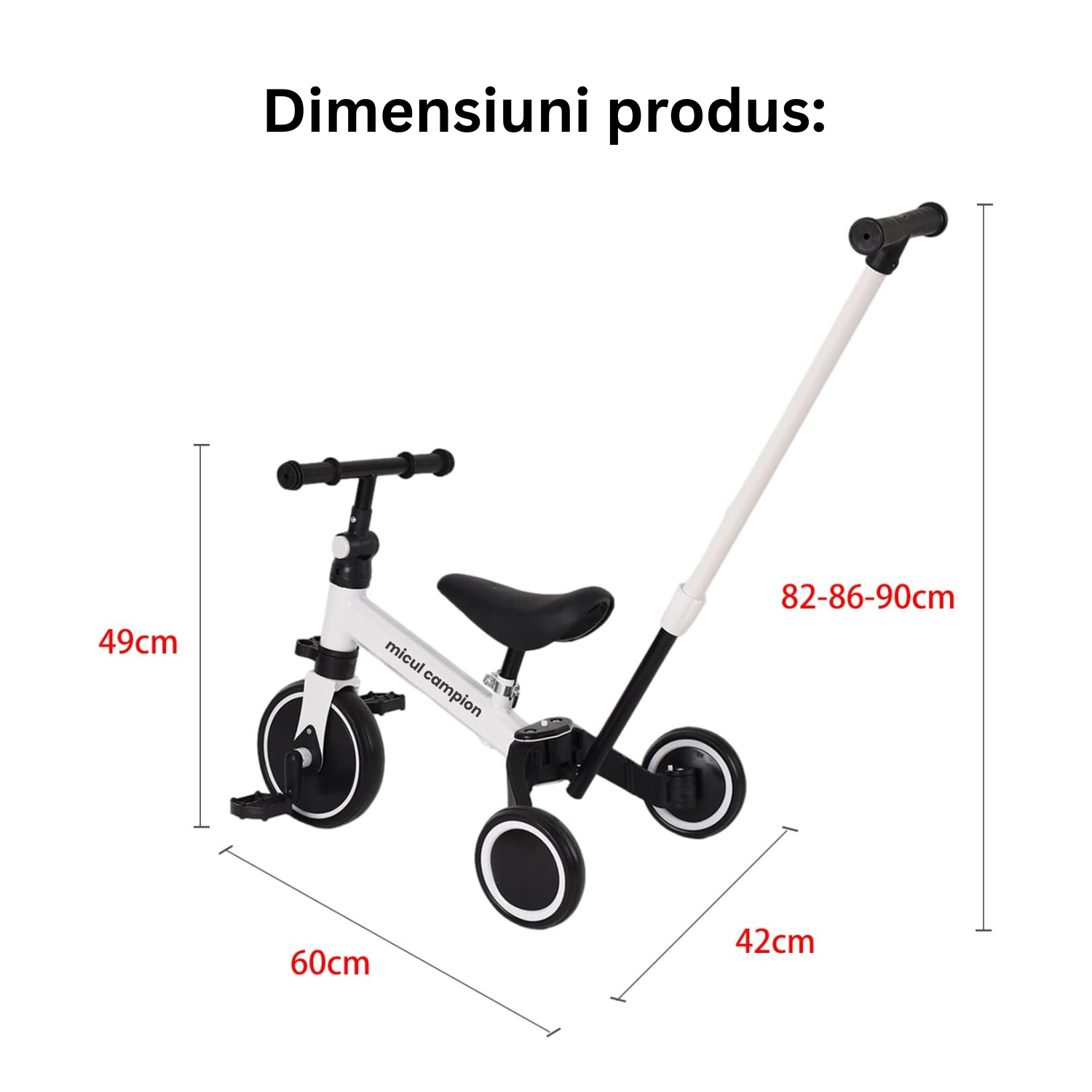 Invincio Micul Campion EasyRide 2–5 ani – Tricicleta 4-in-1 cu maner parental, alb