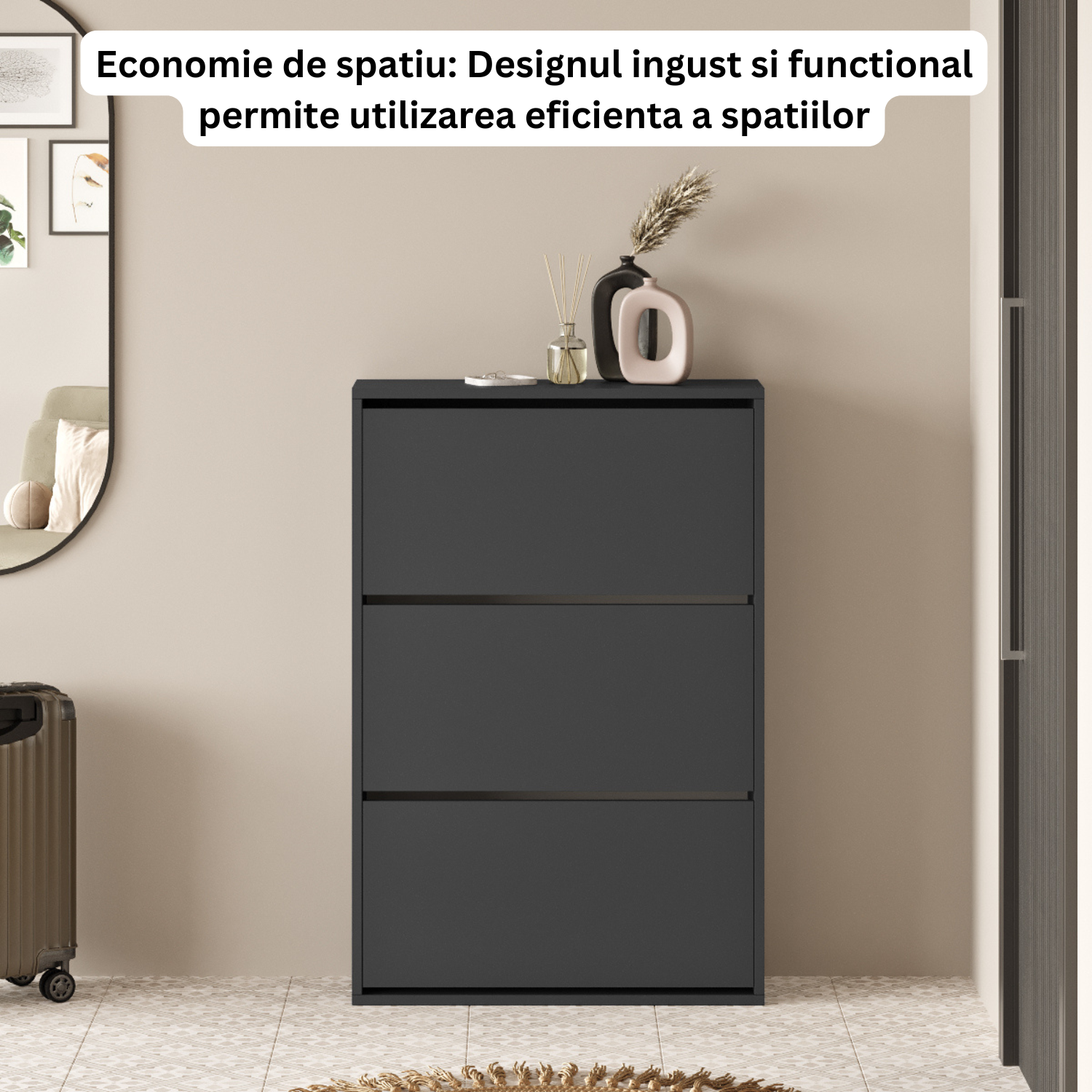 Pantofar Slim pentru Incaltaminte, Bezubi Bilbao, 3 Sertare, capacitate pana la 18 perechi, 110 X 73 X 24 cm, Sistem anti-inclinare, Design Subtire, Economie de Spatiu, pentru Hol, Dormitor sau Living, gri