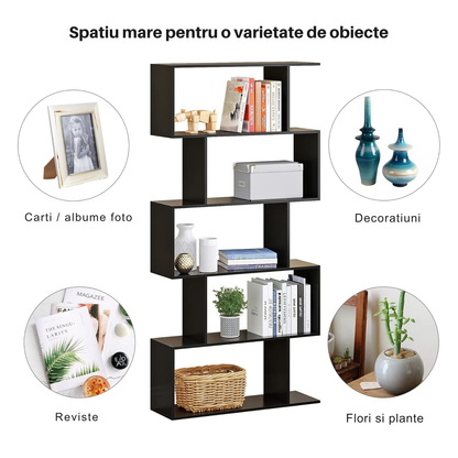 Biblioteca Multifunctionala Bezubi Santorini, 5 rafturi, Design Modern si Elegant, Stabila, Rezistenta la Zgariere, Usor de asamblat, Sigura si Eco-Friendly, Negru