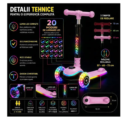 Trotineta cu 3 roti si lumini led interactive, reglabila pentru 3-10 ani