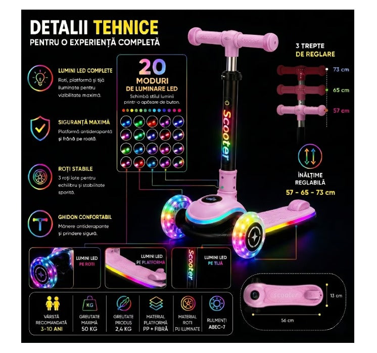 Trotineta cu 3 roti si lumini led interactive, reglabila pentru 3-10 ani