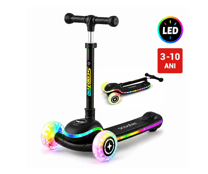 Trotineta cu 3 roti si lumini led interactive, reglabila pentru 3-10 ani