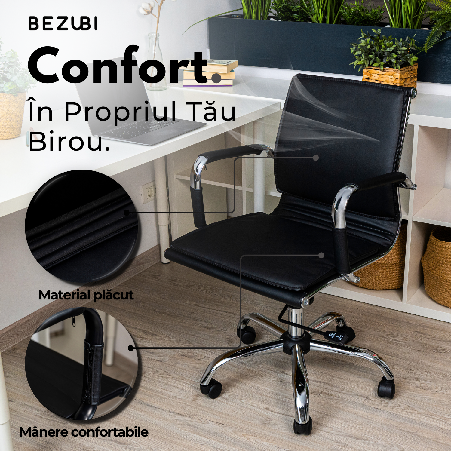 Scaun de birou Bezubi Office, confortabil, pivotant, ergonomic cu spatar reglabil pe inaltime si inclinare, tapitat piele ecologica premium, suport pentru brate, cadru cromat, roti silentioase, negru