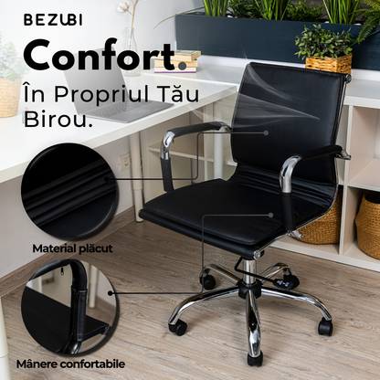 Scaun de birou Bezubi Office, confortabil, pivotant, ergonomic cu spatar reglabil pe inaltime si inclinare, tapitat piele ecologica premium, suport pentru brate, cadru cromat, roti silentioase, negru