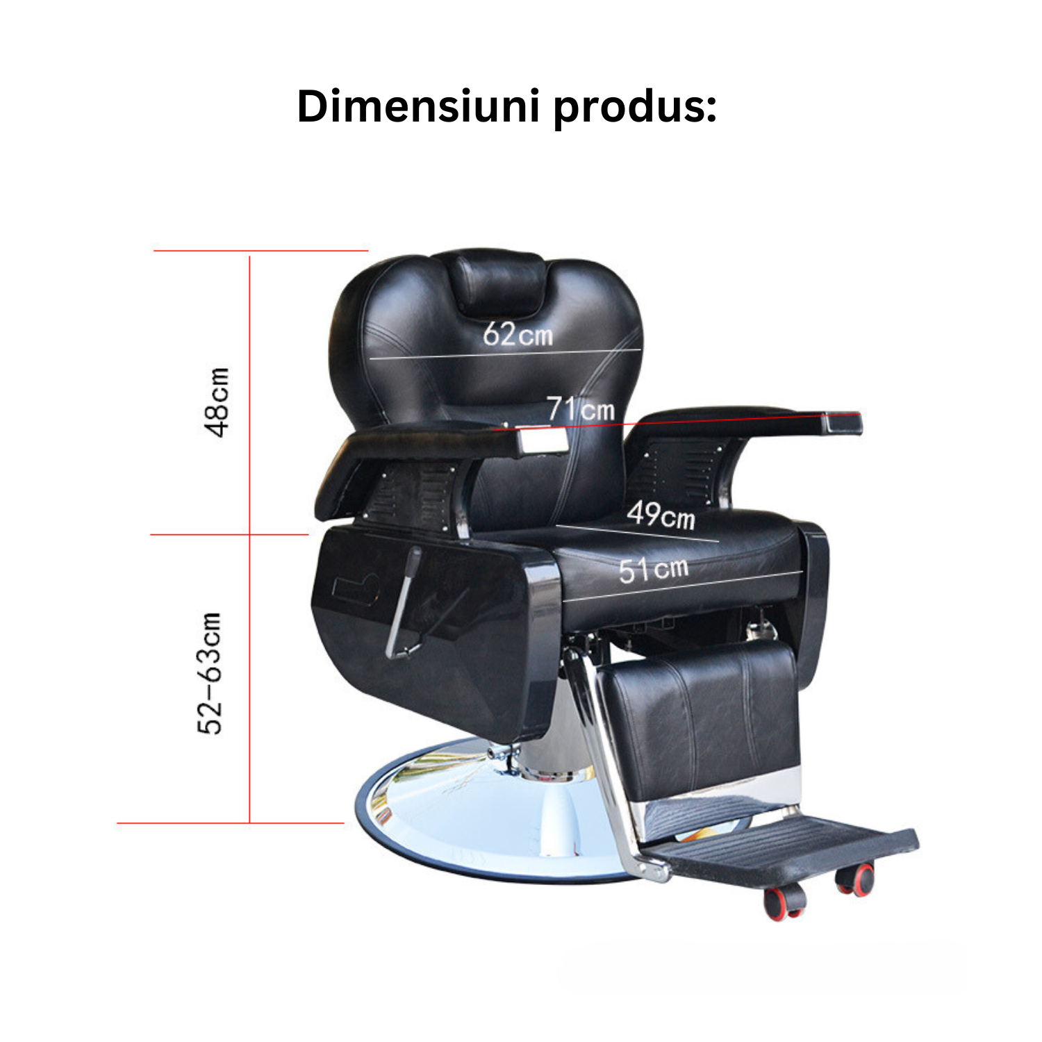 Scaun profesional pentru frizierie Invincio ProBarber 2, versatil, materiale premium, structura otel cromat, disc galvanizat, piston hidraulic, rotire la 360 de grade, spatar rabatabil, inaltime reglabila, piele ecologica, negru mat