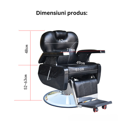 Scaun profesional pentru frizierie Invincio ProBarber 2, versatil, materiale premium, structura otel cromat, disc galvanizat, piston hidraulic, rotire la 360 de grade, spatar rabatabil, inaltime reglabila, piele ecologica, negru mat