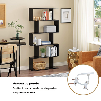 Biblioteca Multifunctionala Bezubi Santorini, 5 rafturi, Design Modern si Elegant, Stabila, Rezistenta la Zgariere, Usor de asamblat, Sigura si Eco-Friendly, Negru