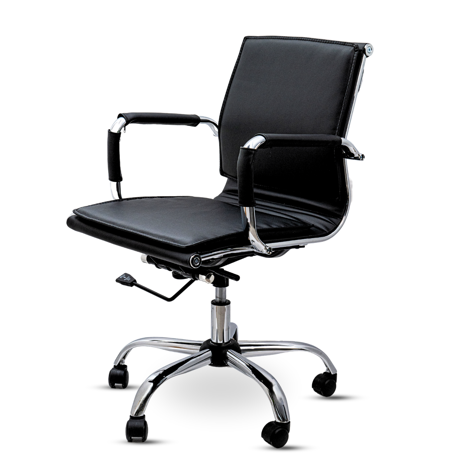 Scaun de birou Bezubi Office, confortabil, pivotant, ergonomic cu spatar reglabil pe inaltime si inclinare, tapitat piele ecologica premium, suport pentru brate, cadru cromat, roti silentioase, negru